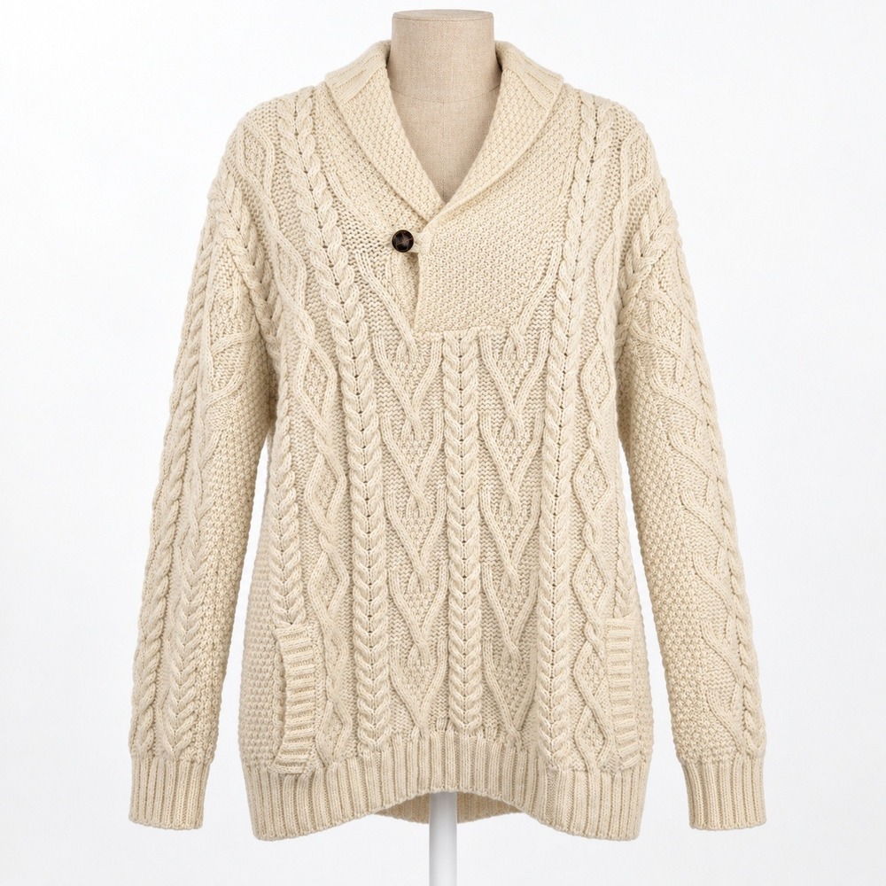 Aran Crafts Ireland 100% Merino Wool Shawl Collar Sweater Sz L Cream Cable Knit